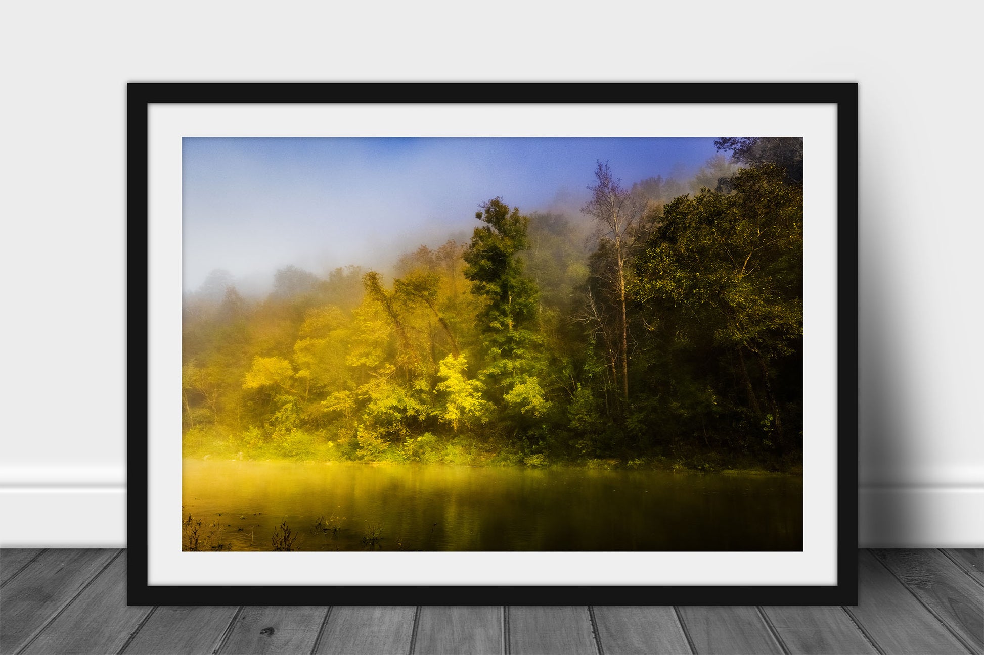 Forest framed print of trees shrouded in fog along a riverbank on the Buffalo National River in the Ozark Mountains of Arkansas by Sean Ramsey of Southern Plains Photography.