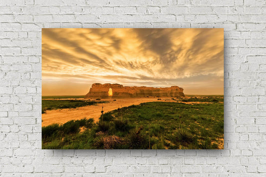 Great Plains aluminum metal print wall art of Monument Rocks under a stormy sky at sunset on a late spring evening in Kansas by Sean Ramsey of Southern Plains Photography.