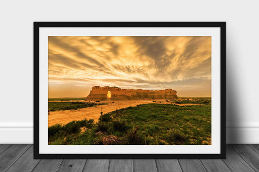 Framed Great Plains print with optional mat of Monument Rocks under a stormy sky at sunset on a spring evening in Kansas by Sean Ramsey of Southern Plains Photography.