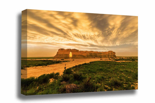 Great Plains canvas wall art of Monument Rocks under a stormy sky at sunset on a late spring evening in Kansas by Sean Ramsey of Southern Plains Photography.