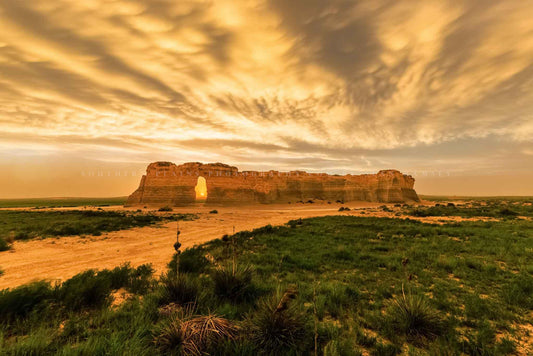 Great plains photography print of a stormy sky taking place over Monument Rocks at sunset on a summer evening in Kansas by Sean Ramsey of Southern Plains Photography.