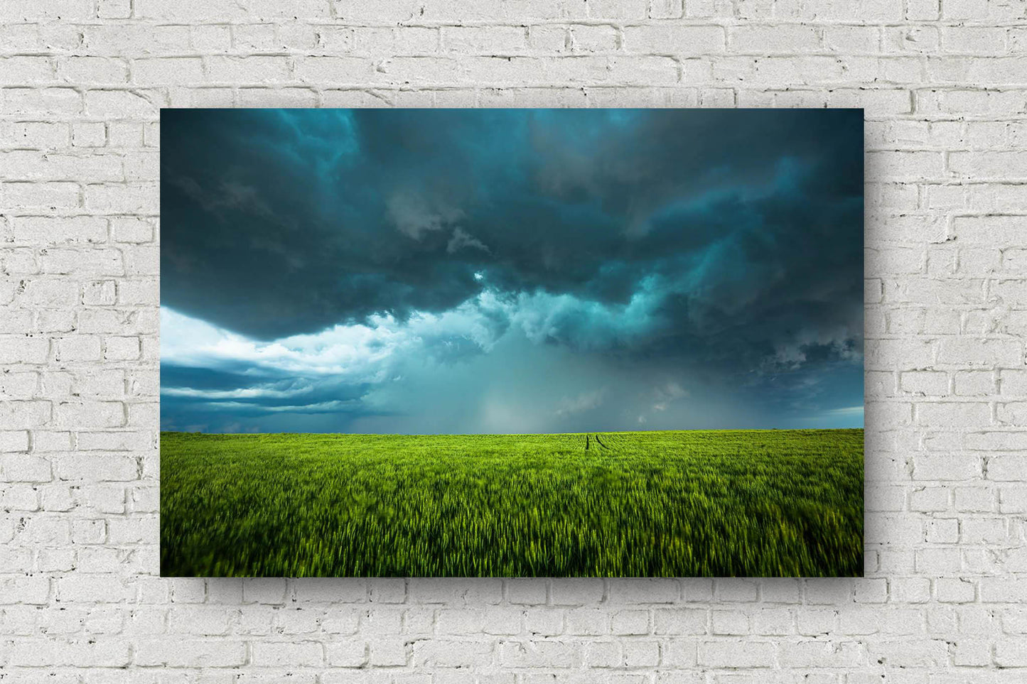 Thunderstorm metal print of teal hued storm clouds over a lush green wheat field on a stormy spring day in Kansas by Sean Ramsey of Southern Plains Photography.