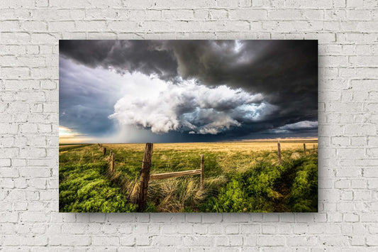 Storm metal print on aluminum of a supercell thunderstorm over a barbed wire fence advancing to open prairie on the plains of Colorado by Sean Ramsey of Southern Plains photography.