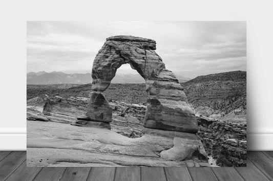 Western landscape metal print wall art on aluminum in black and white of Delicate Arch in Arches National Park near Moab, Utah by Sean Ramsey of Southern Plains Photography.