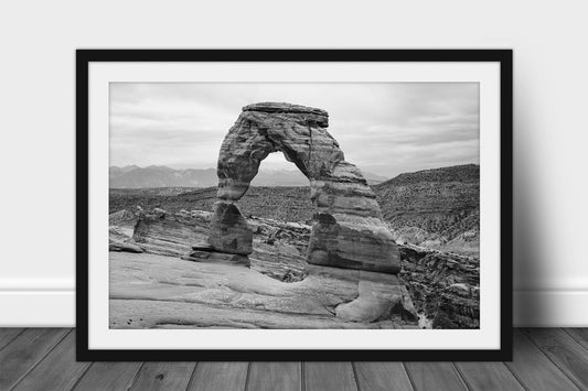 Framed and matted western landscape print in black and white of Delicate Arch in Arches National Park near Moab, Utah by Sean Ramsey of Southern Plains Photography.