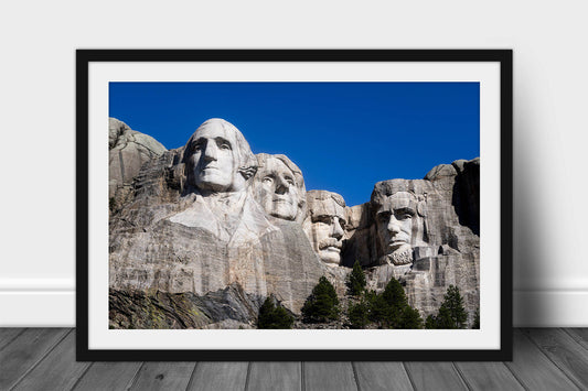 Framed and matted National Memorial print of George Washington, Thomas Jefferson, Teddy Roosevelt and Abraham Lincoln etched into stone at Mount Rushmore in the Black Hills of South Dakota by Sean Ramsey of Southern Plains Photography.