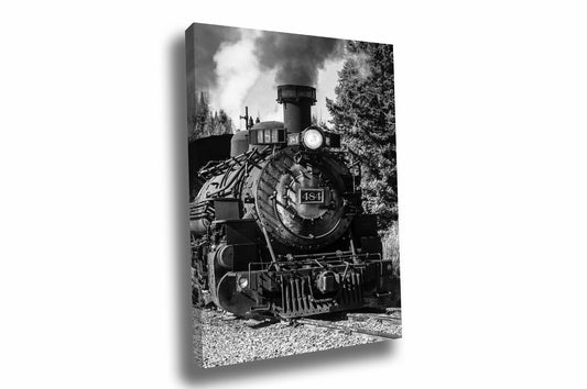 Vertical black and white train gallery wrapped canvas wall art of a vintage style steam engine rolling down the tracks along a railroad in the mountains of Colorado by Sean Ramsey of Southern Plains Photography.