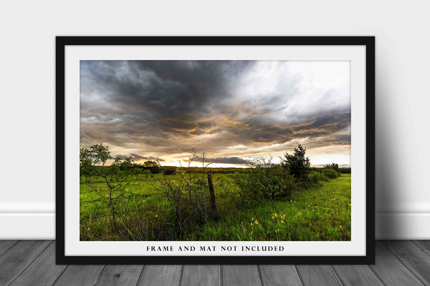 Country Photography Print - Picture of Stormy Sky Over Barbed Wire Fence Row at Sunset in Texas Landscape Wall Art Western Decor