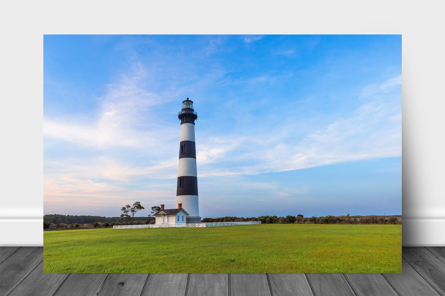 OBX aluminum metal print wall art of the Bodie Island Lighthouse standing tall against a beautiful blue evening sky in the Outer Banks of North Carolina by Sean Ramsey of Southern Plains Photography.