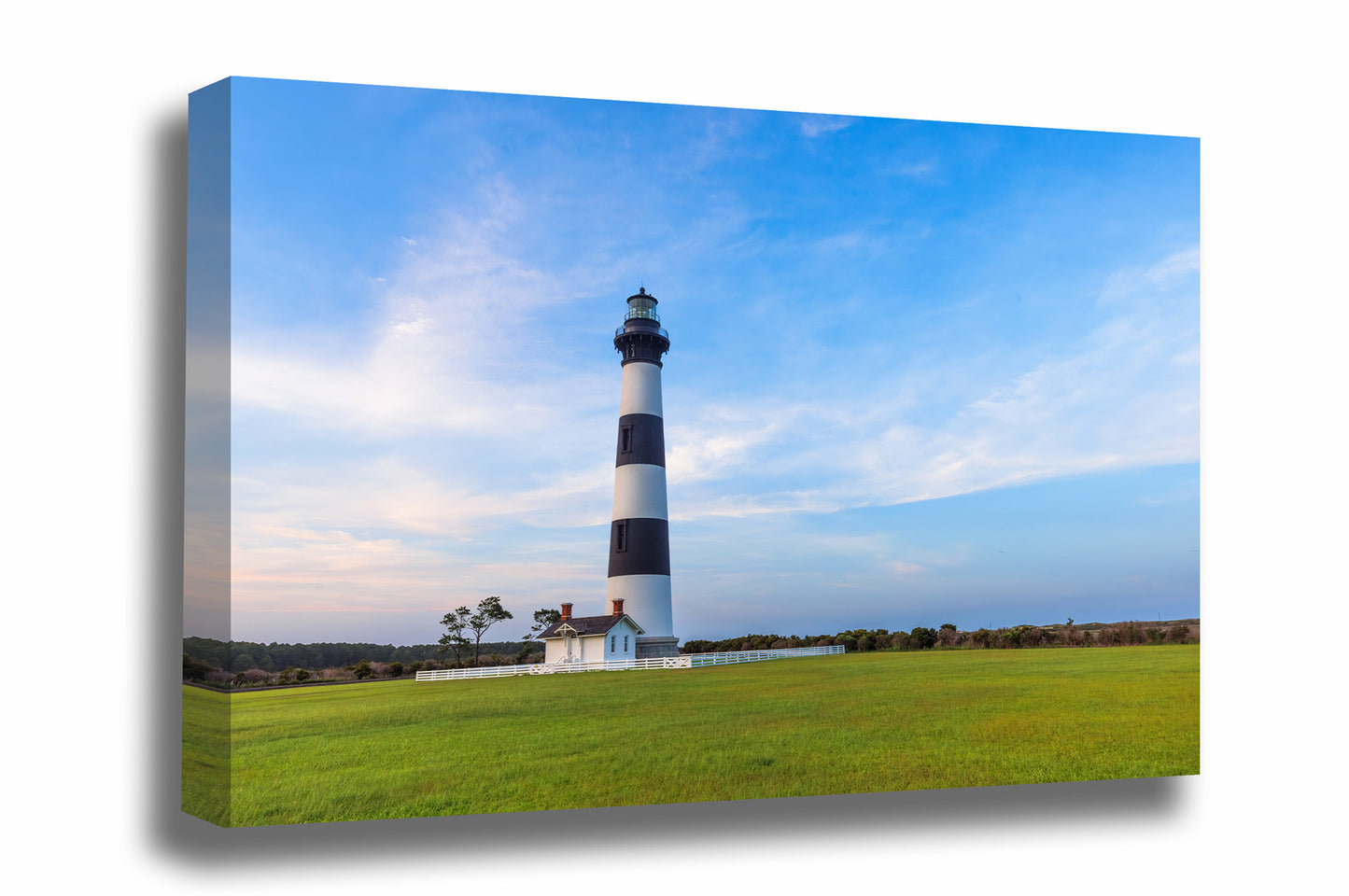 OBX gallery wrap canvas wall art of the Bodie Island Lighthouse standing tall against a beautiful blue evening sky in the Outer Banks of North Carolina by Sean Ramsey of Southern Plains Photography.