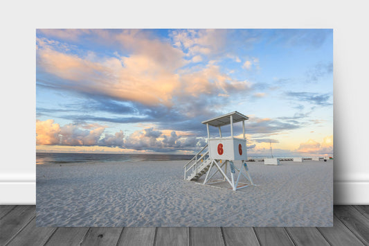 Gulf coast aluminum metal print wall art of a lifeguard tower at sunrise at Orange Beach, Alabama by Sean Ramsey of Southern Plains Photography.