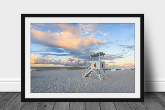 Framed and matted Gulf Coast print of a lifeguard tower at sunrise at Orange Beach, Alabama by Sean Ramsey of Southern Plains Photography.