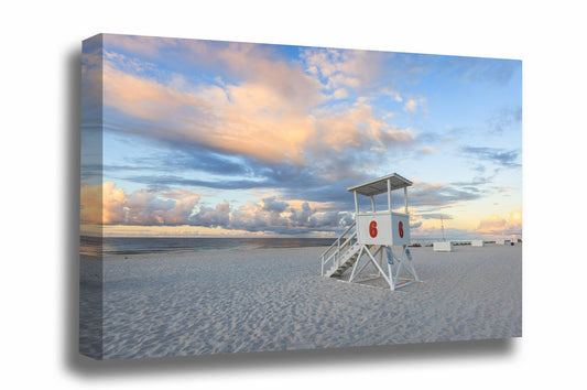 Gulf coast canvas wall art of a lifeguard tower at sunrise at Orange Beach, Alabama by Sean Ramsey of Southern Plains Photography.