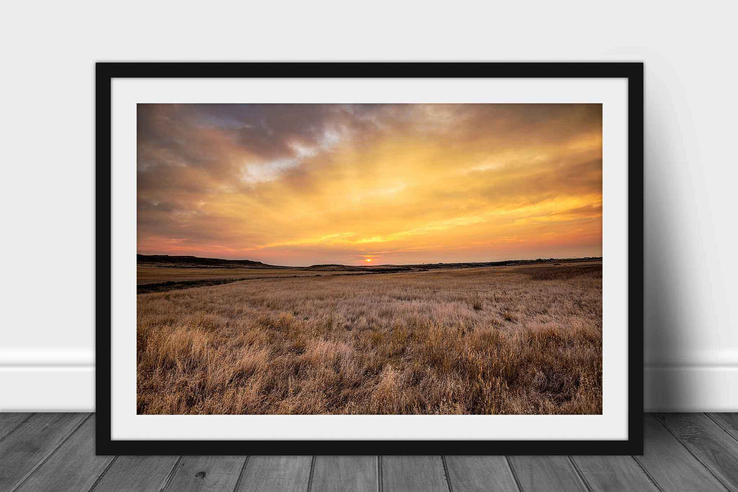 Framed and matted western print of a big sky over golden prairie at sunrise on an autumn morning in Montana by Sean Ramsey of Southern Plains Photography.
