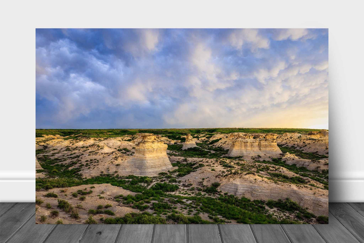 Great Plains aluminum metal print wall art of a stormy sky over the prairie bluffs at Little Jerusalem Badlands State Park,  Kansas by Sean Ramsey of Southern Plains Photography.