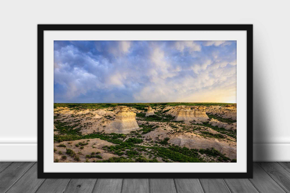 Framed Great Plains photography print wall art of a stormy sky over the prairie bluffs at Little Jerusalem Badlands State Park,  Kansas by Sean Ramsey of Southern Plains Photography.