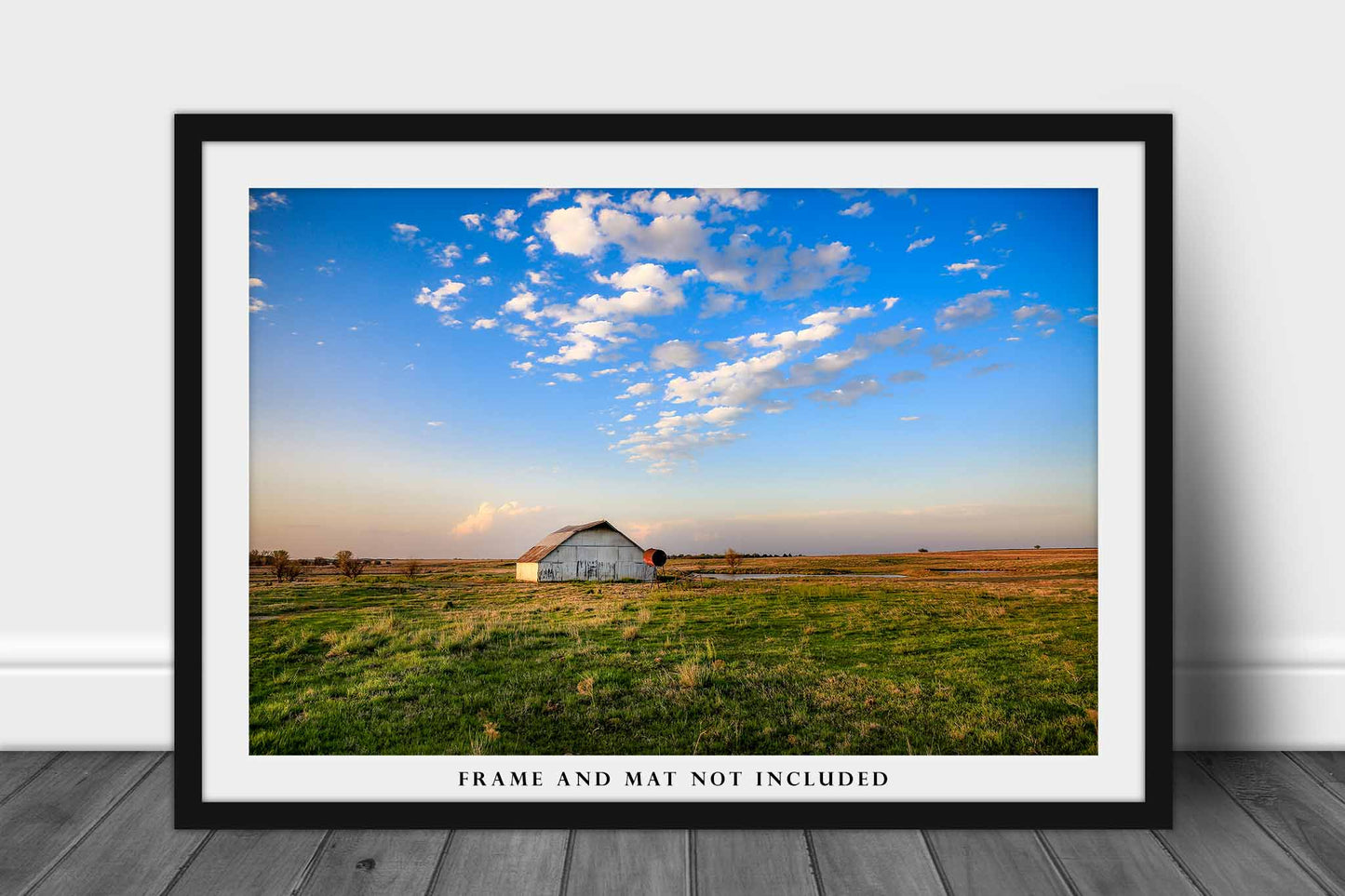 Oklahoma Landscape Photography Print - Fine Art Photograph of White Barn Under Blue Sky Great Plains Home Decor Prairie Artwork Picture