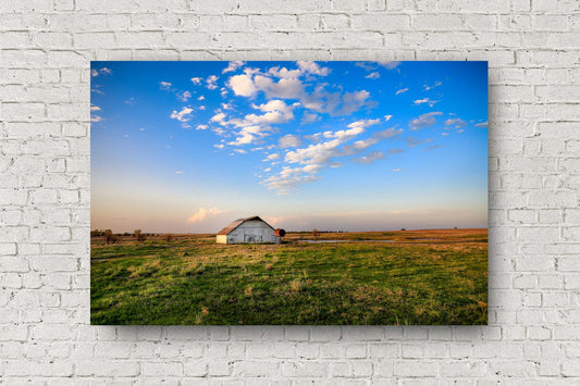 Country metal print wall art on aluminum of an old barn under a big blue sky on a spring evening in Oklahoma by Sean Ramsey of Southern Plains Photography.