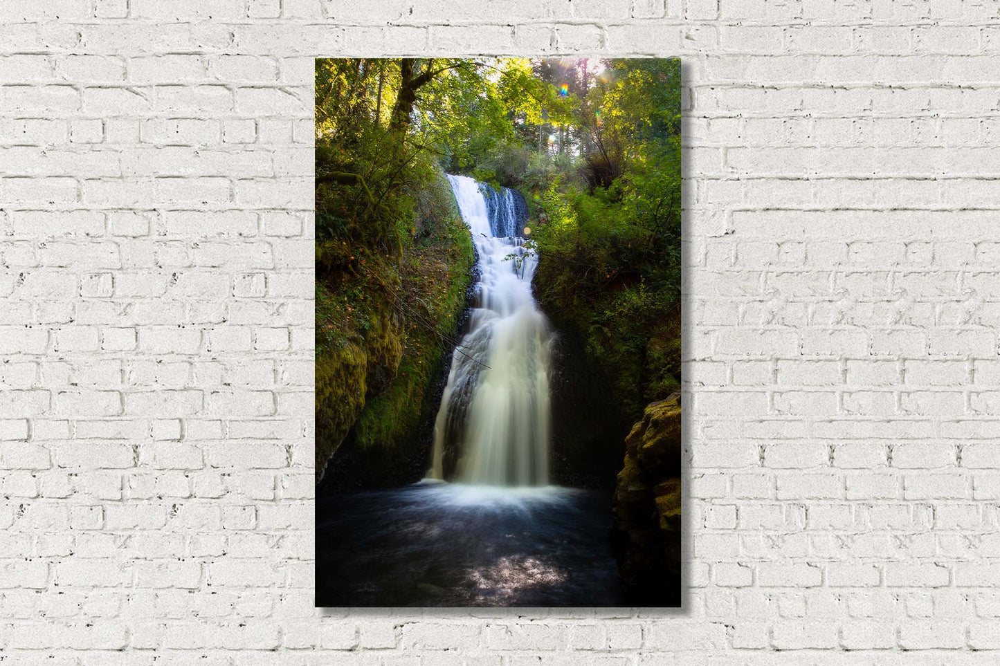 Vertical Pacific Northwest waterfall metal print of Bridal Veil Falls on a summer afternoon in the Columbia River Gorge in Oregon by Sean Ramsey of Southern Plains Photography.
