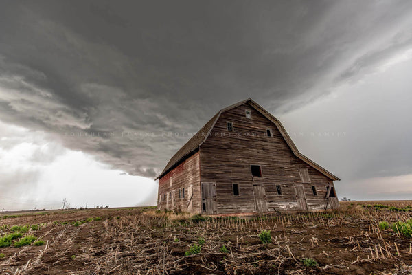 Country photography print of a rustic Amish barn in a field of corn stubble as a thunderstorm advances overhead on a stormy day in Nebraska by Sean Ramsey of Southern Plains Photography.
