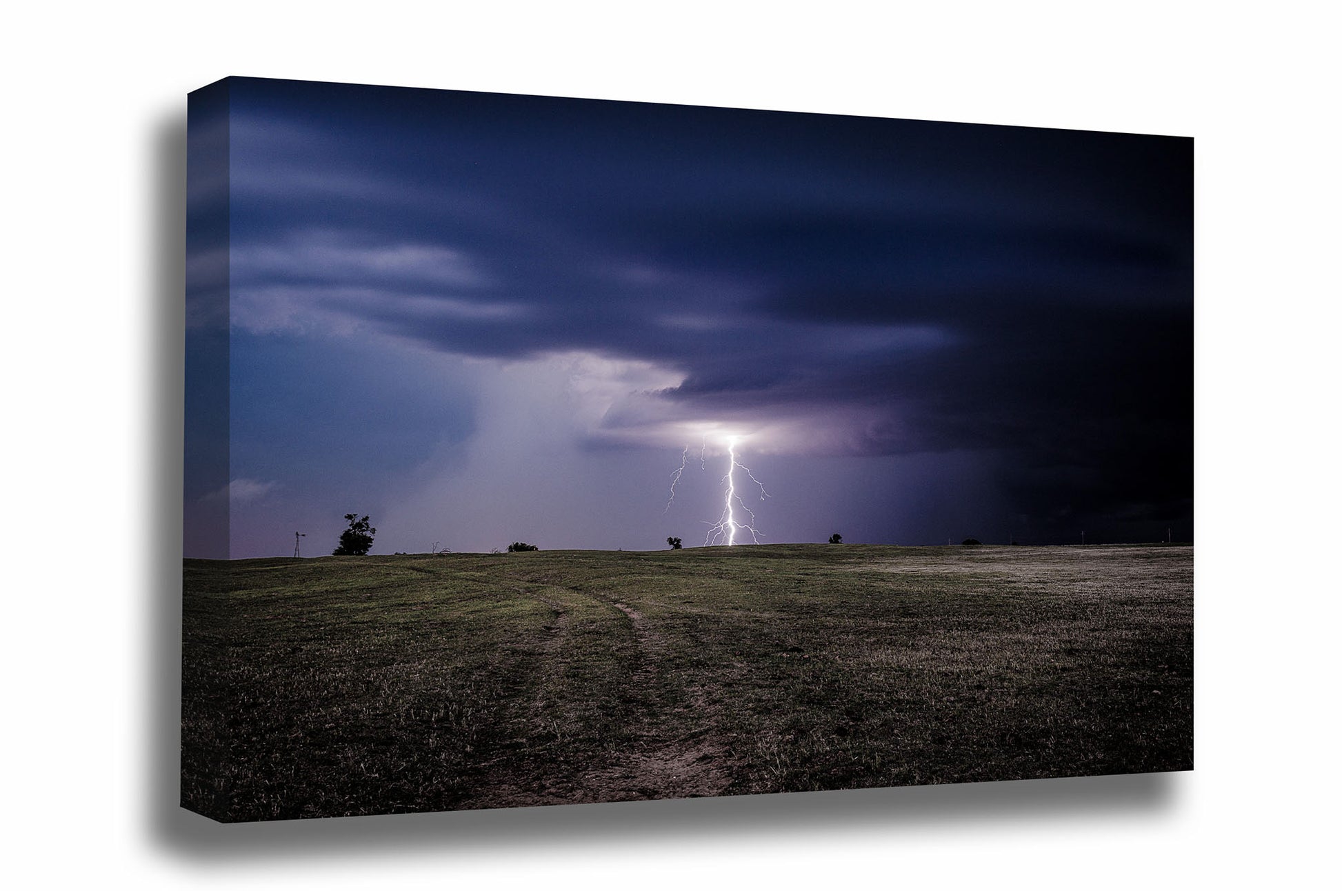 Storm canvas wall art of a branched lightning bolt striking open prairie on a stormy night in Oklahoma by Sean Ramsey of Southern Plains Photography.