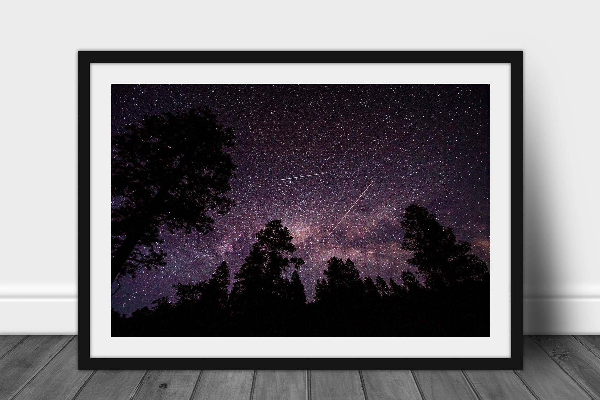 Framed celestial photography print of shooting stars, satellites and planes in the night sky above pine tree silhouettes on a starry night in the Colorado Rocky Mountains by Sean Ramsey of Southern Plains Photography.