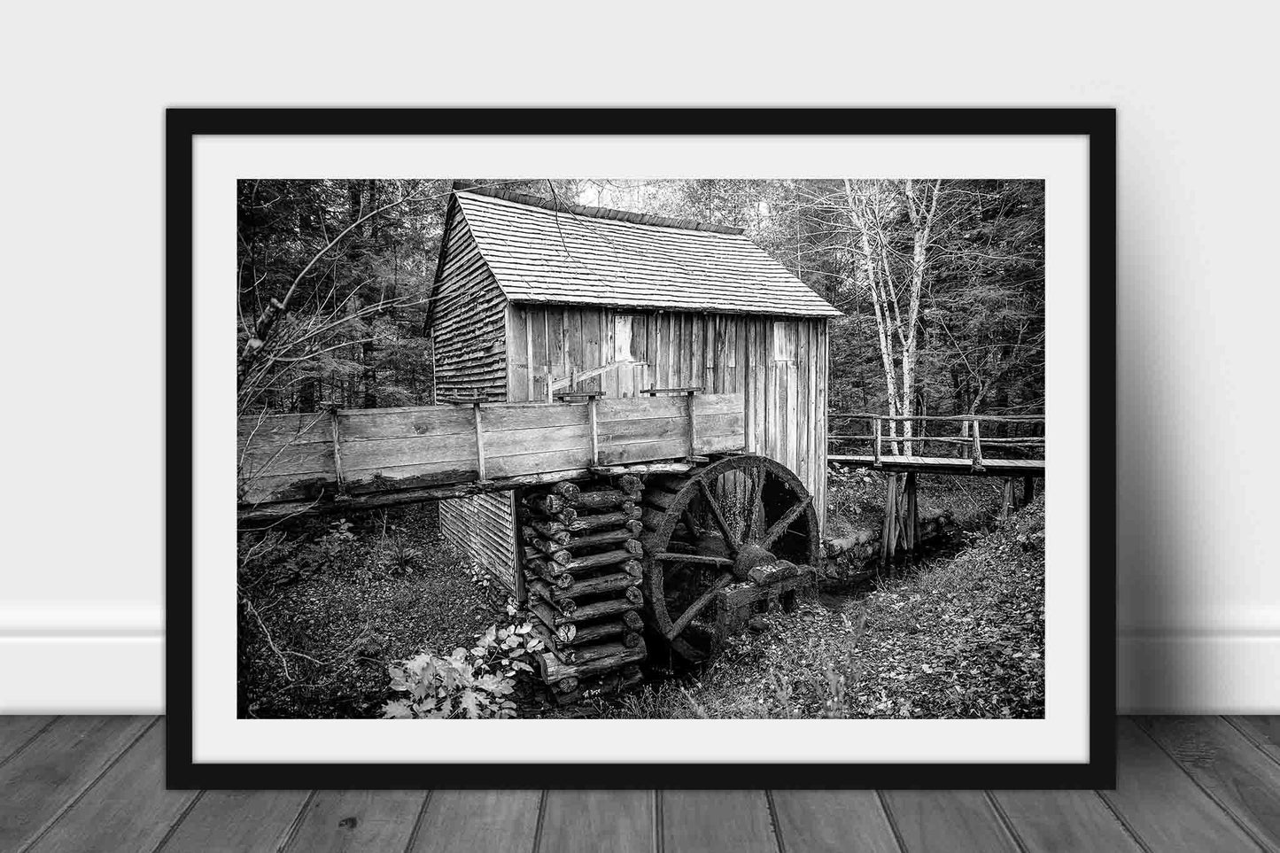 Framed and matted black and white print of the John Cable Mill on a late autumn day at Cades Cove in the Great Smoky Mountains of Tennessee by Sean Ramsey of Southern Plains Photography.