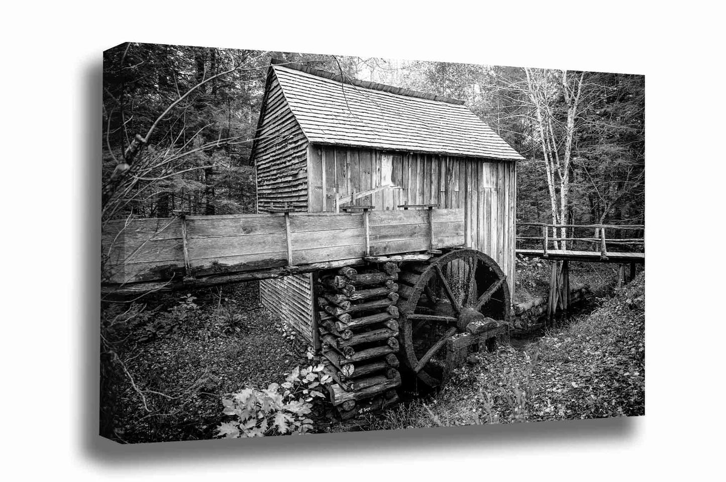 Black and white canvas wall art of the John Cable Mill on an autumn day at Cades Cove in the Great Smoky Mountains of Tennessee by Sean Ramsey of Southern Plains Photography.