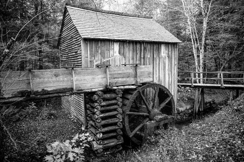 Black and white country photography print of the John Cable Mill on an autumn day at Cades Cove in the Great Smoky Mountains of Tennessee by Sean Ramsey of Southern Plains Photography.