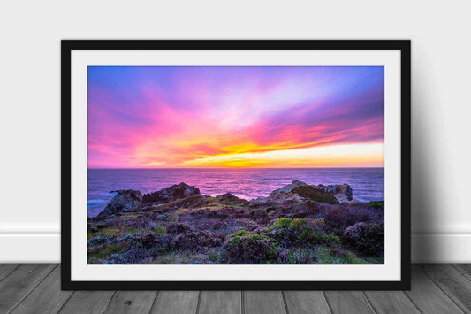 Framed coastal print of a vivid sunset over the Pacific Ocean from the shore at Big Sur, California by Sean Ramsey of Southern Plains Photography.