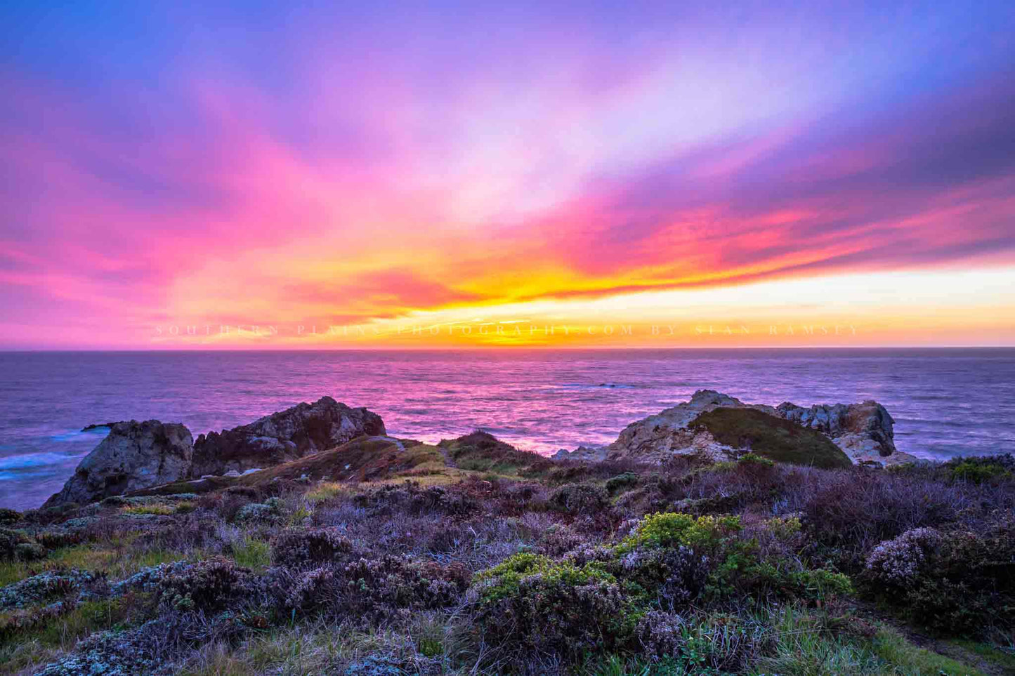 Seascape photography print of a scenic sunset over the Pacific Ocean along the Big Sur Coast in California by Sean Ramsey of Southern Plains Photography.