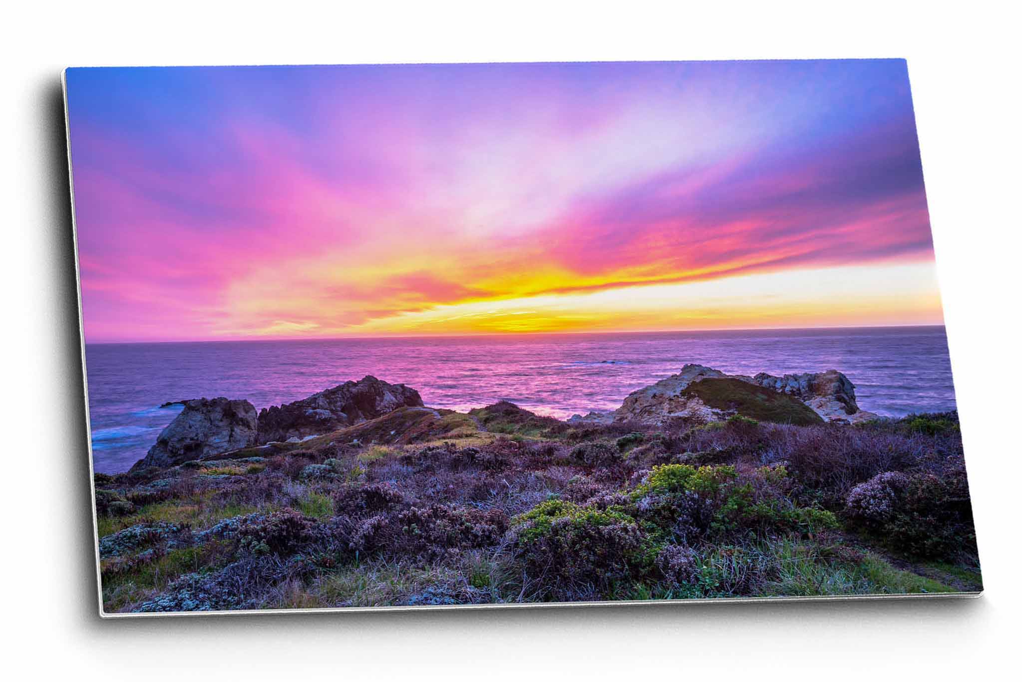 Coastal metal print on aluminum of a warm and colorful sunset over the Pacific Ocean along the coast of Big Sur, California by Sean Ramsey of Southern Plains Photography.