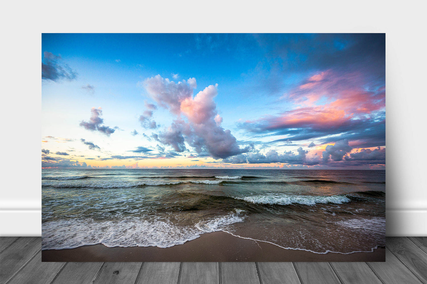Gulf Coast aluminum metal print wall art of waves rolling ashore as colorful clouds fill the sky over the Gulf of Mexico at Orange Beach, Alabama by Sean Ramsey of Southern Plains Photography.