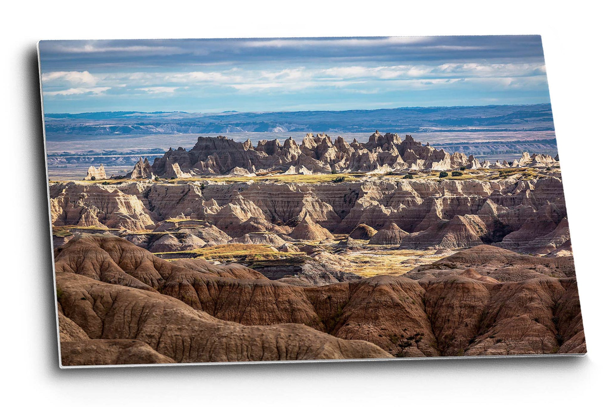 Great plains landscape aluminum metal print of spires rising up from the plains on an autumn day in Badlands National Park, South Dakota by Sean Ramsey of Southern Plains Photography.