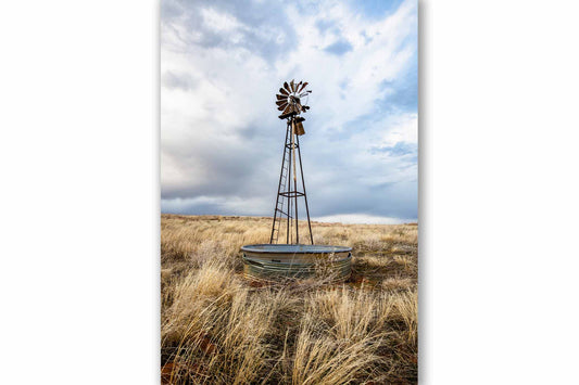 Vertical farm photography print of an old windmill and water tank in golden prairie grass on an early spring day in Oklahoma by Sean Ramsey of Southern Plains Photography.