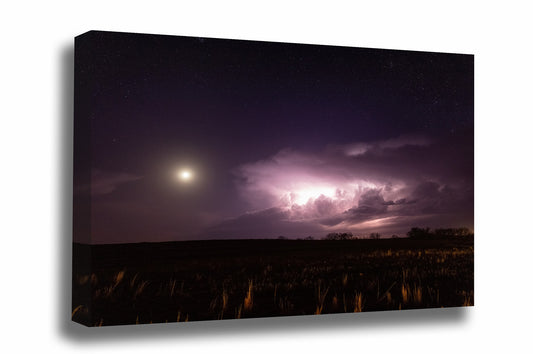 Storm canvas wall art of a supercell thunderstorm illuminated by lightning as a full moon shines bright in a starry night sky in Oklahoma by Sean Ramsey of Southern Plains Photography.