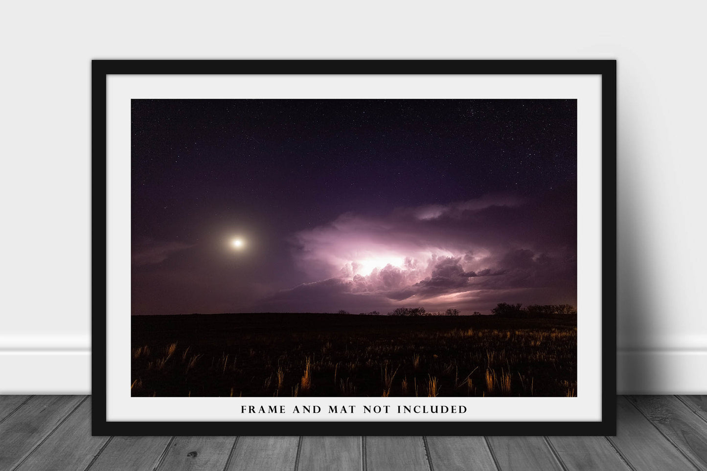 Celestial Photography Print - Picture of Moon, Stars and Thunderstorm Illuminated by Lightning on Stormy Night in Oklahoma Photo Artwork