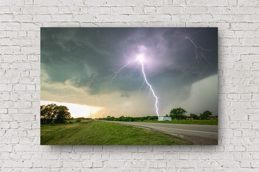 Storm metal print on aluminum of a branched lightning bolt at close range on a stormy spring day in Kansas by Sean Ramsey of Southern Plains Photography.