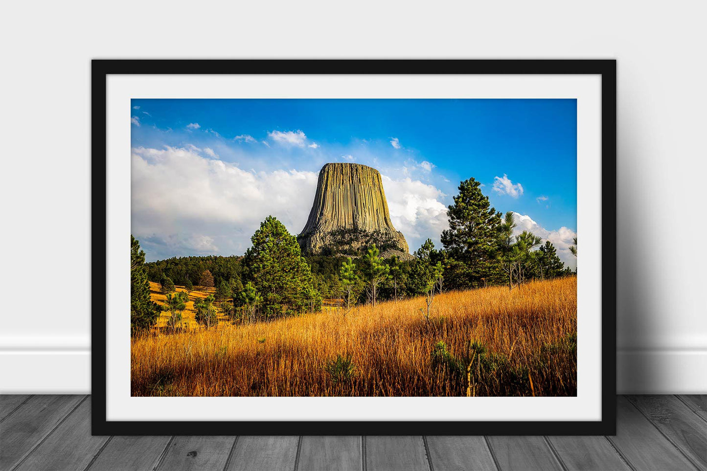Framed and matted western landscape print of Devils Tower on an autumn day in the Black Hills of Northeastern Wyoming by Sean Ramsey of Southern Plains Photography.