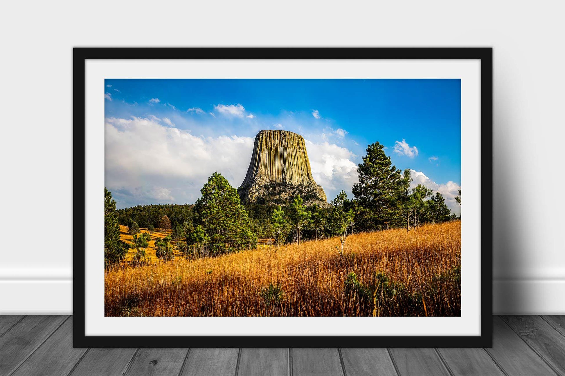 Framed and matted western landscape print of Devils Tower on an autumn day in the Black Hills of Northeastern Wyoming by Sean Ramsey of Southern Plains Photography.