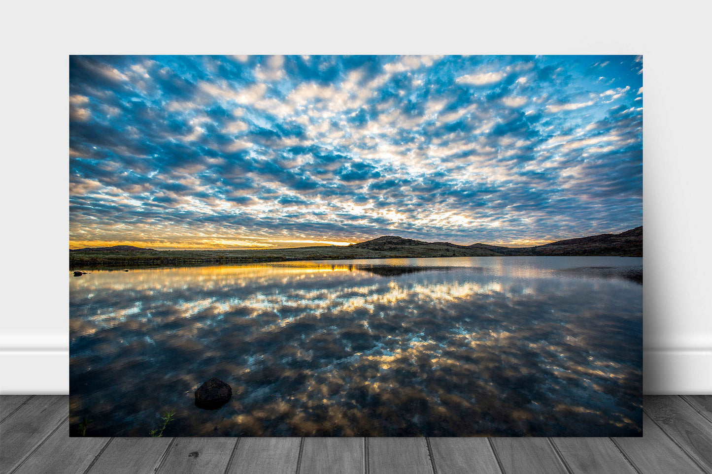 Landscape aluminum metal print wall art of a scenic sky reflection in a lake in the Wichita Mountains Wildlife Refuge in southwest Oklahoma by Sean Ramsey of Southern Plains Photography.