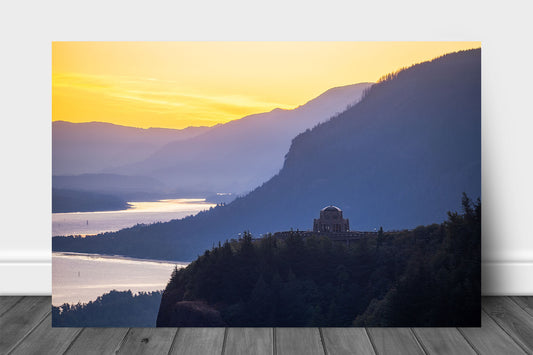 Pacific Northwest aluminum metal print wall art of Vista House overlooking the Columbia River Gorge at sunrise on a summer morning in Oregon by Sean Ramsey of Southern Plains Photography.