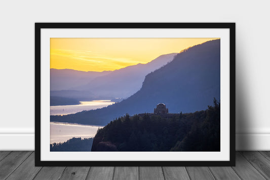Pacific Northwest framed print wall art of Vista House overlooking the Columbia River Gorge at sunrise on a summer morning in Oregon by Sean Ramsey of Southern Plains Photography.