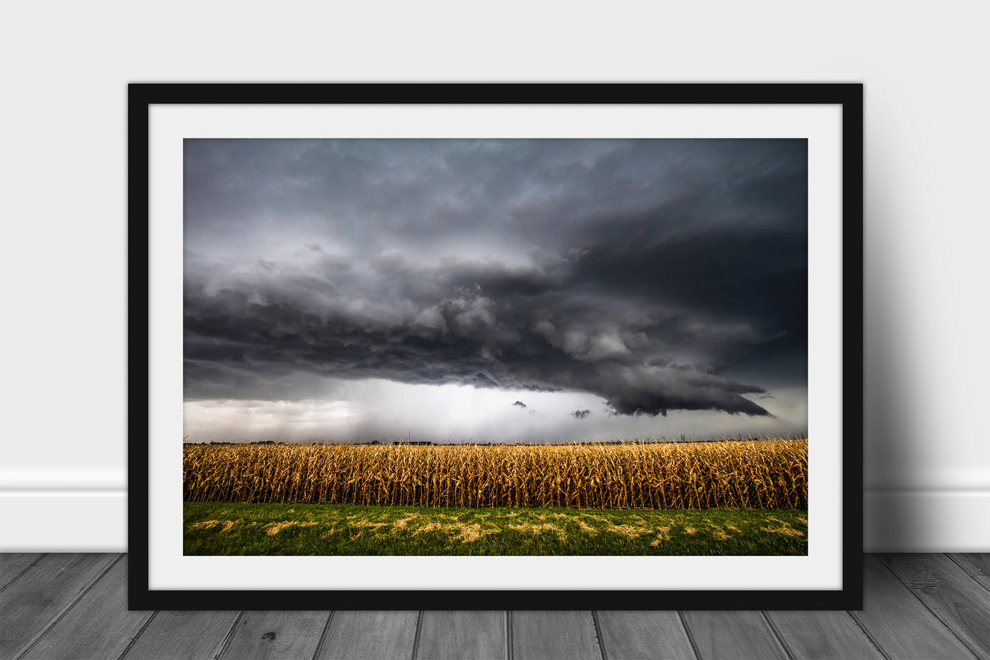 Framed and matted storm print of a thunderstorm over a withered corn field on a stormy autumn day in Kansas by Sean Ramsey of Southern Plains Photography.