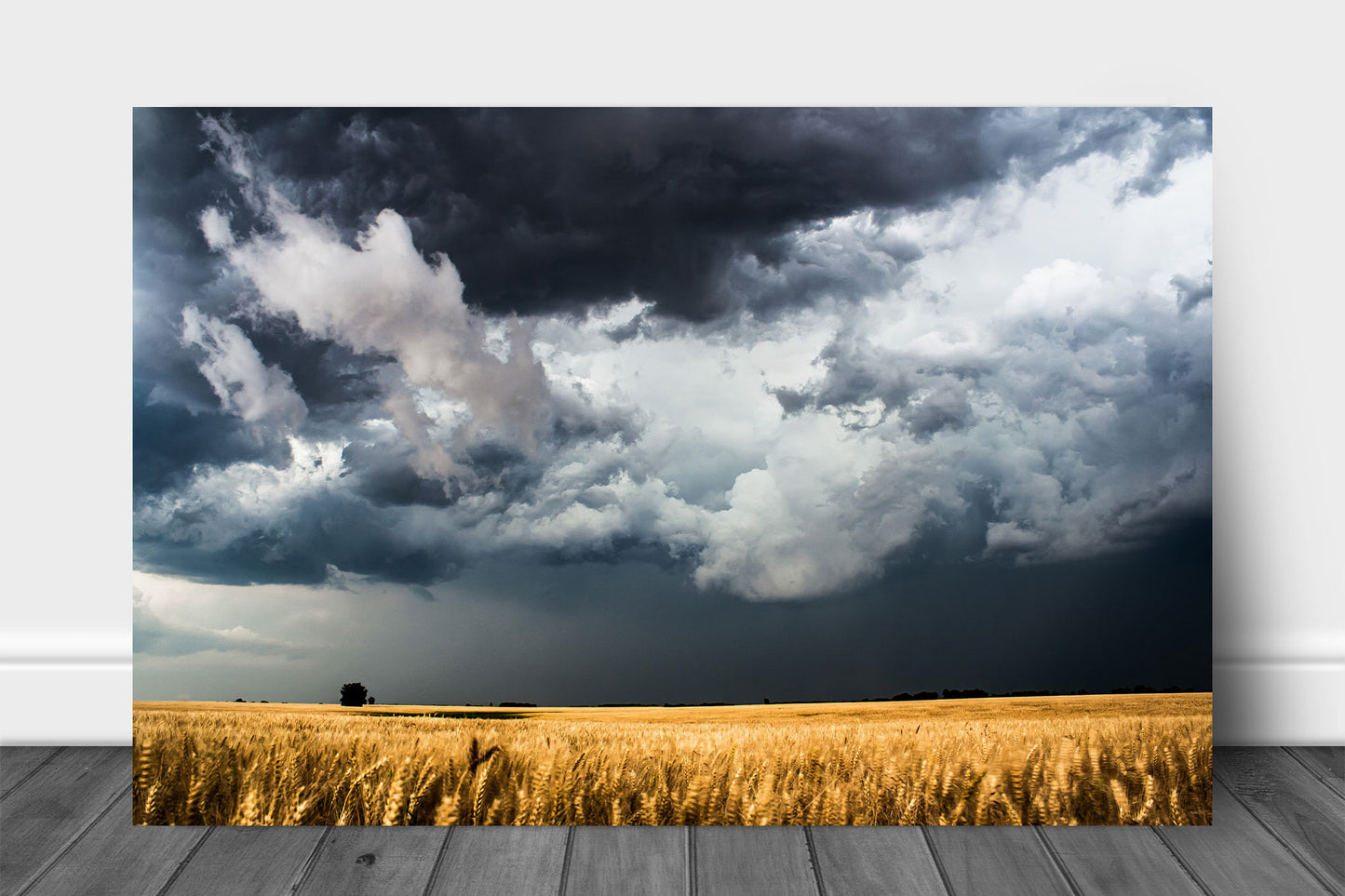Country metal print on aluminum of storm clouds gathering over a golden wheat field on a stormy spring day in Kansas by Sean Ramsey of Southern Plains Photography.