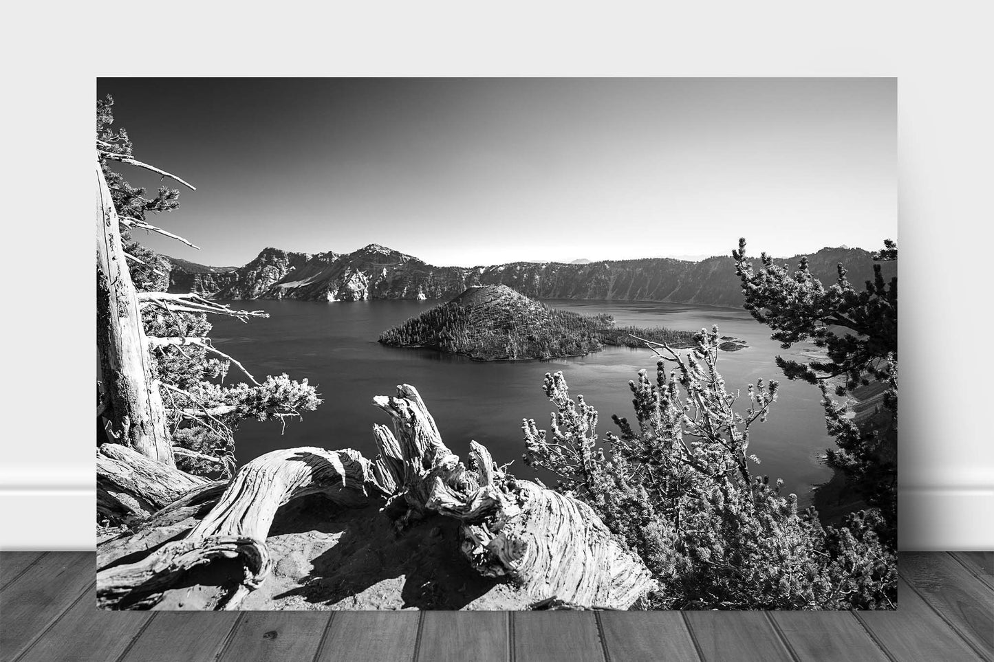 Black and White Pacific Northwest aluminum metal print wall art of Crater Lake and Wizard Island on a summer day in Oregon by Sean Ramsey of Southern Plains Photography.