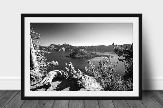 Framed and matted Pacific Northwest print in black and white of Crater Lake and Wizard Island on a summer day in Oregon by Sean Ramsey of Southern Plains Photography.