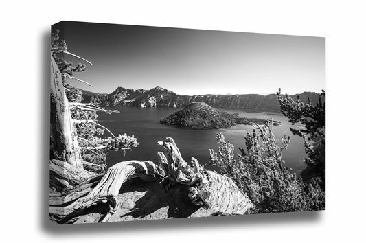 Black and White Pacific Northwest canvas wall art of Crater Lake and Wizard Island on a summer day in Oregon by Sean Ramsey of Southern Plains Photography.