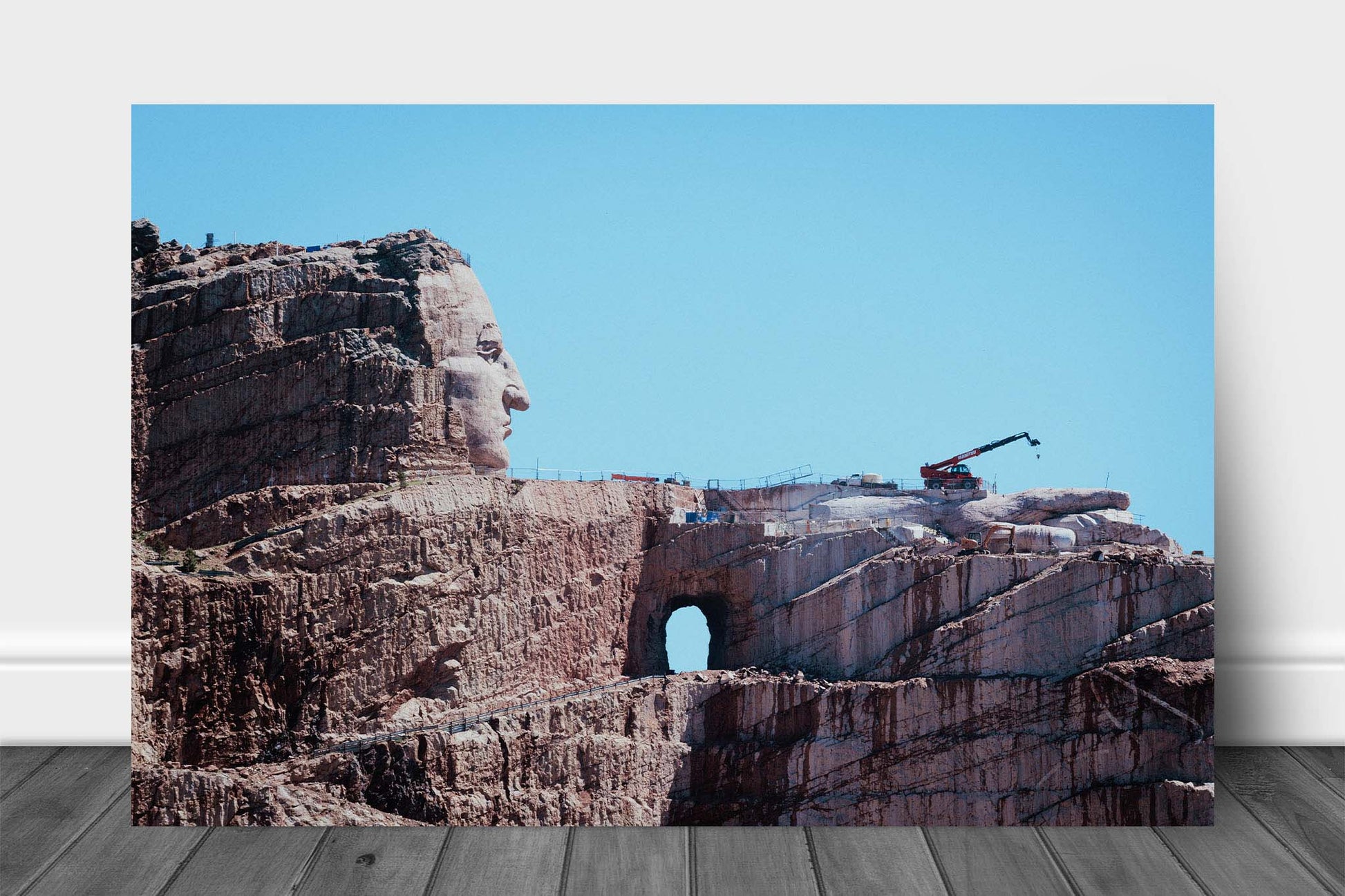 Black Hills aluminum metal print wall art of the Crazy Horse Memorial in progress on a bluebird day in South Dakota by Sean Ramsey of Southern Plains Photography.