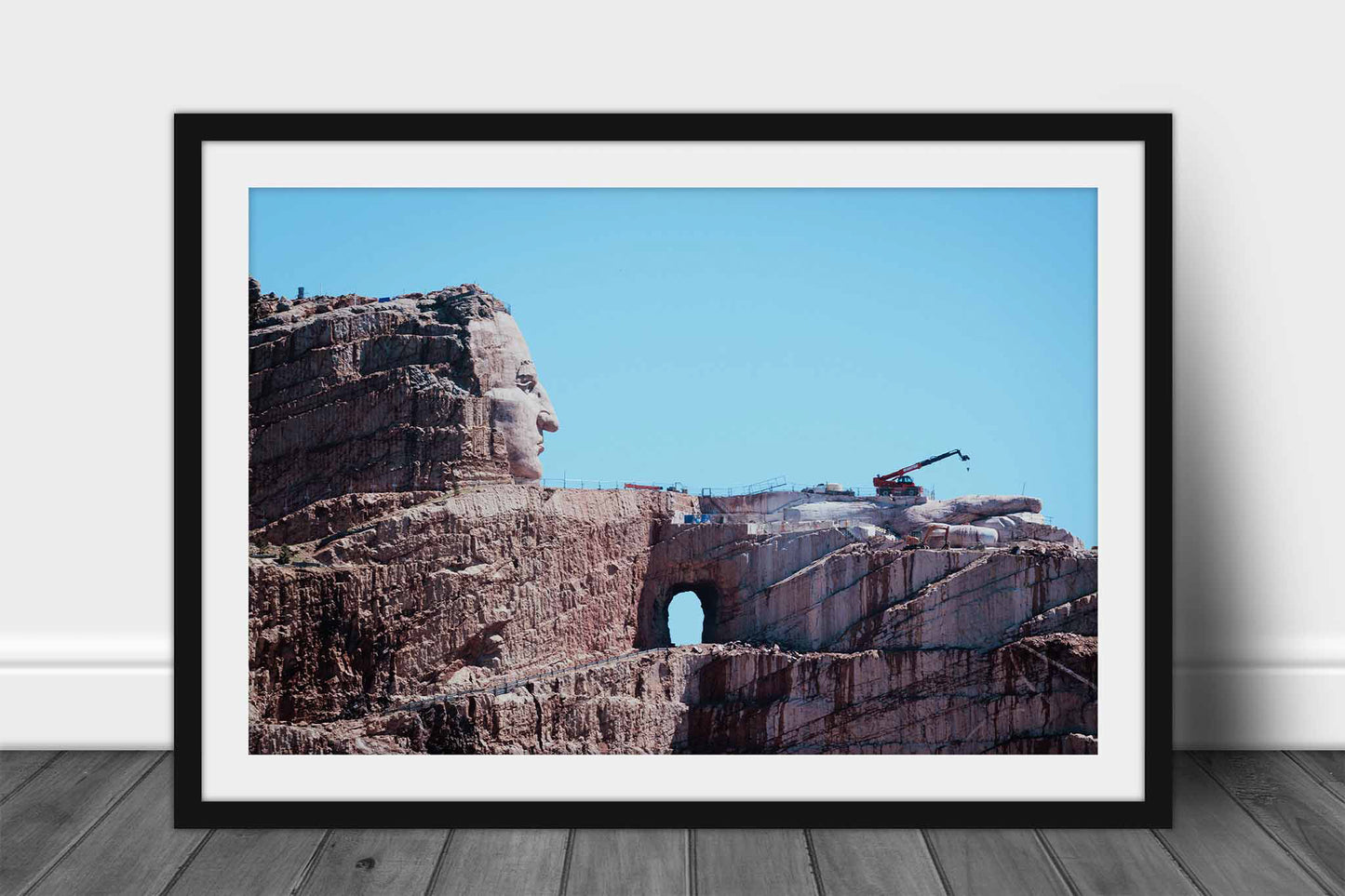 Framed and matted Black Hills print of the Crazy Horse Memorial on a bluebird day in South Dakota by Sean Ramsey of Southern Plains Photography.